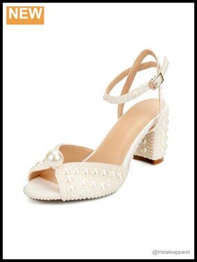 Mid Block Heel Ankle Strap Pearl Sandals Open Toe Wedding Party Heels